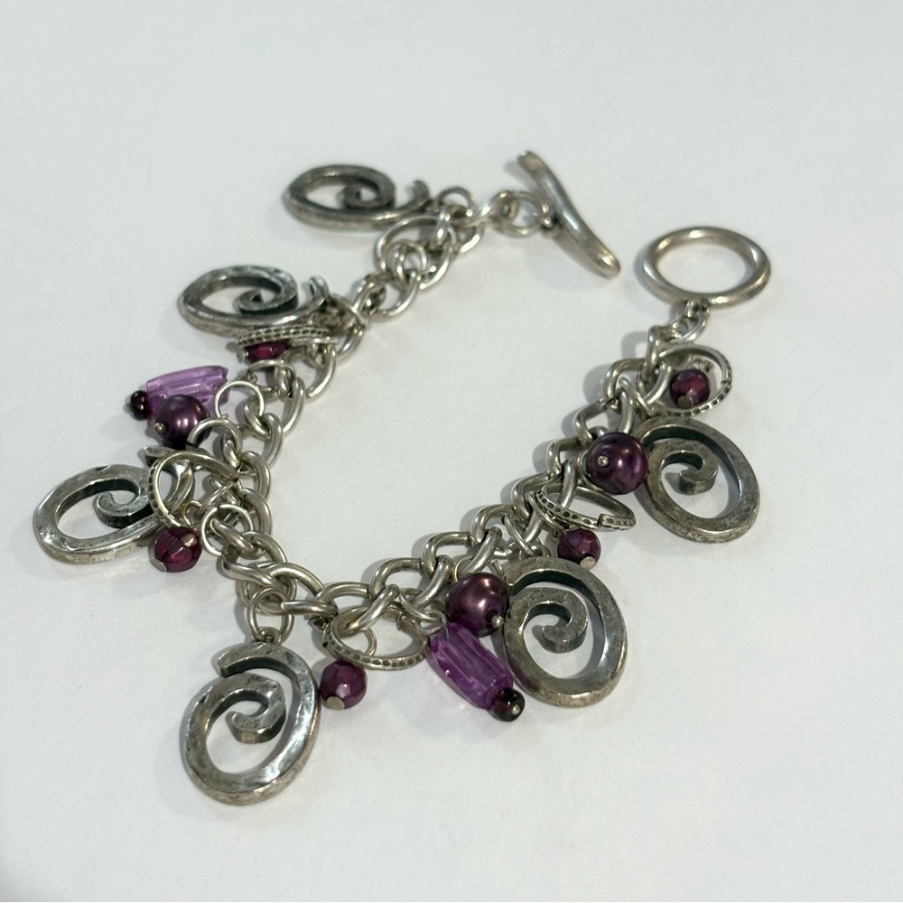 Silver Tone Purple Beaded Scroll Charm Bracelet